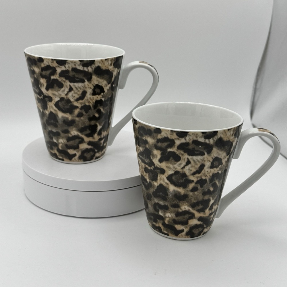 Tienshan Leopard Style Animal Print Coffee Mugs 10 oz Black Tan Set of 2 Lot 1